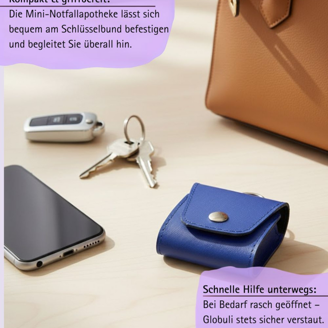 Mini Notfall Apotheke für/mit 4 Globuligläsern zum selbst befüllen, inkl. Schlüsselanhänger