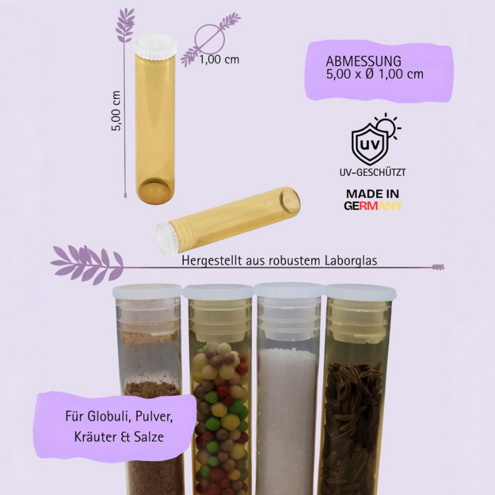 Flachbodengläser 50mm x ø 10mm AR-Klarglas und Illax-Braunglas