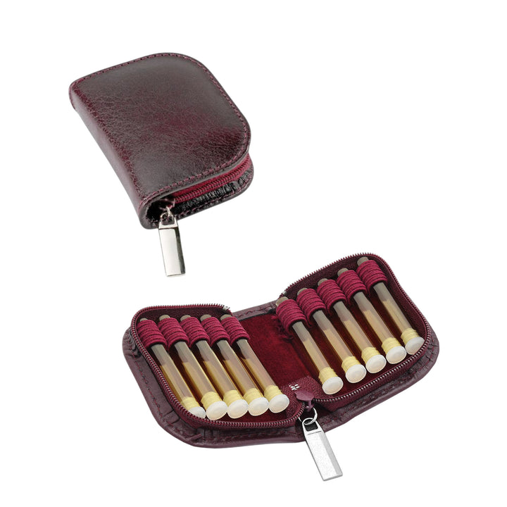 10er Taschenapotheke MIT Gläsern, Leder bordeaux, schwarz, natur, blau, grün