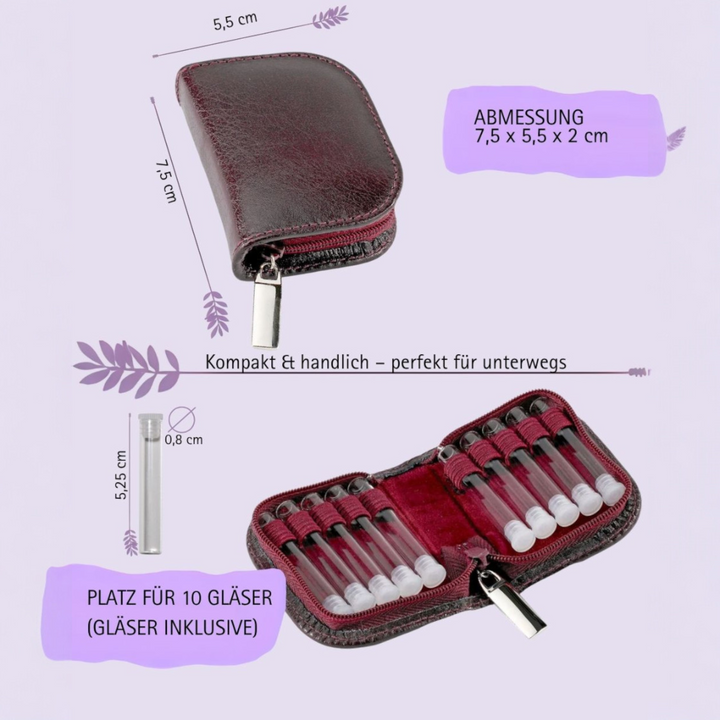 10er Taschenapotheke MIT Gläsern, Leder bordeaux, schwarz, natur, blau, grün