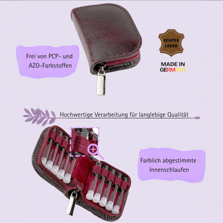 10er Taschenapotheke MIT Gläsern, Leder bordeaux, schwarz, natur, blau, grün