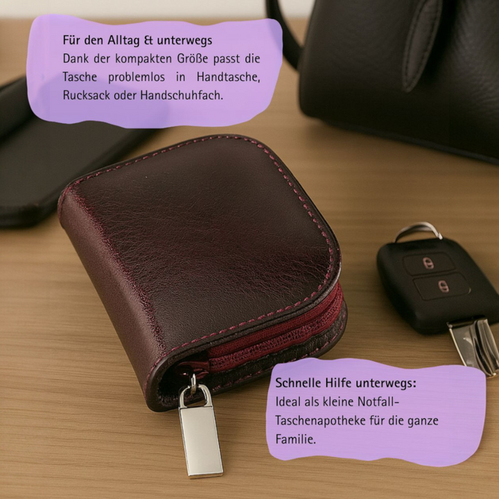 10er Taschenapotheke MIT Gläsern, Leder bordeaux, schwarz, natur, blau, grün