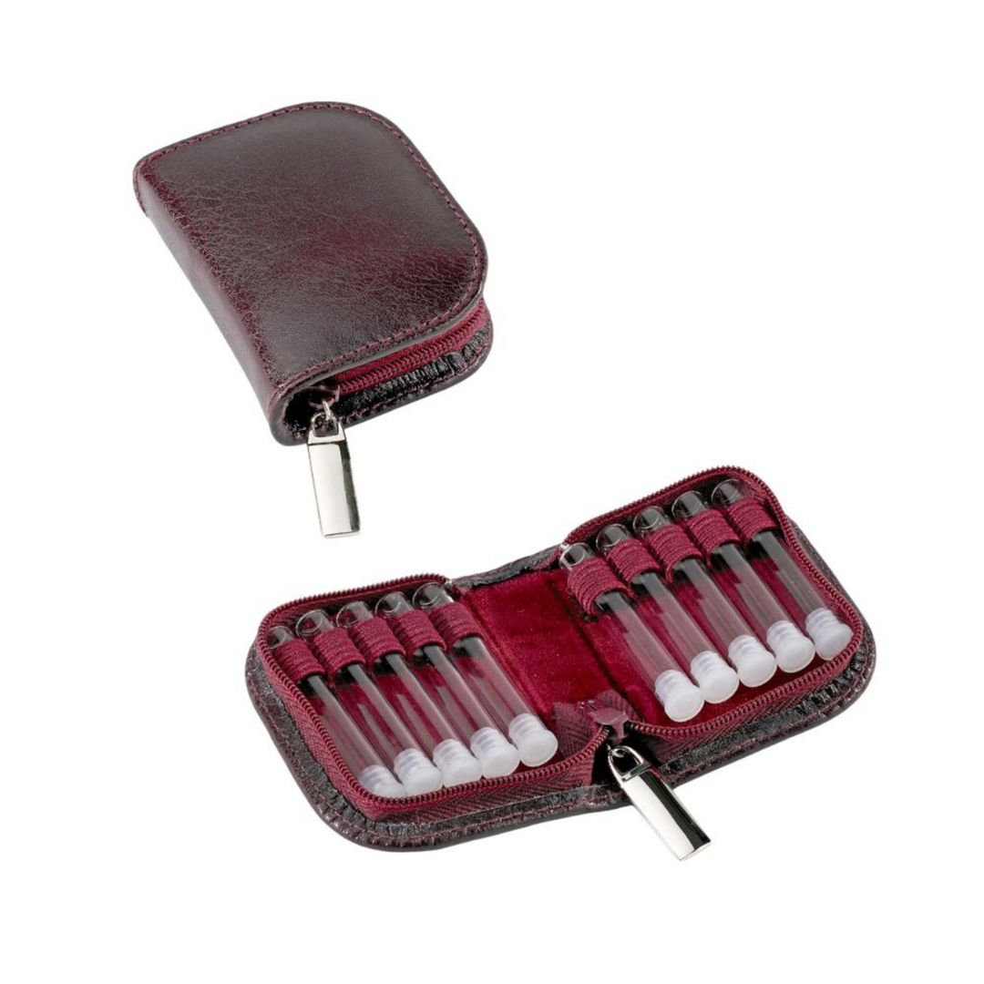 10er Taschenapotheke MIT Gläsern, Leder bordeaux, schwarz, natur, blau, grün