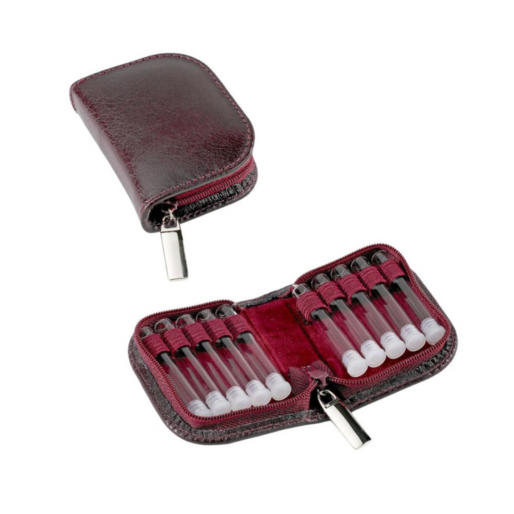 10er Taschenapotheke MIT Gläsern, Leder bordeaux, schwarz, natur, blau, grün
