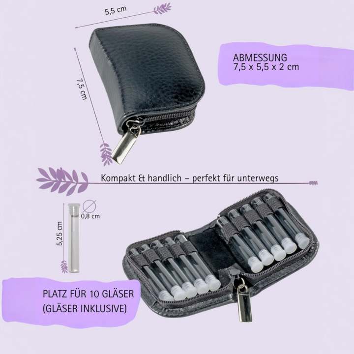 10er Taschenapotheke MIT Gläsern, Leder bordeaux, schwarz, natur, blau, grün