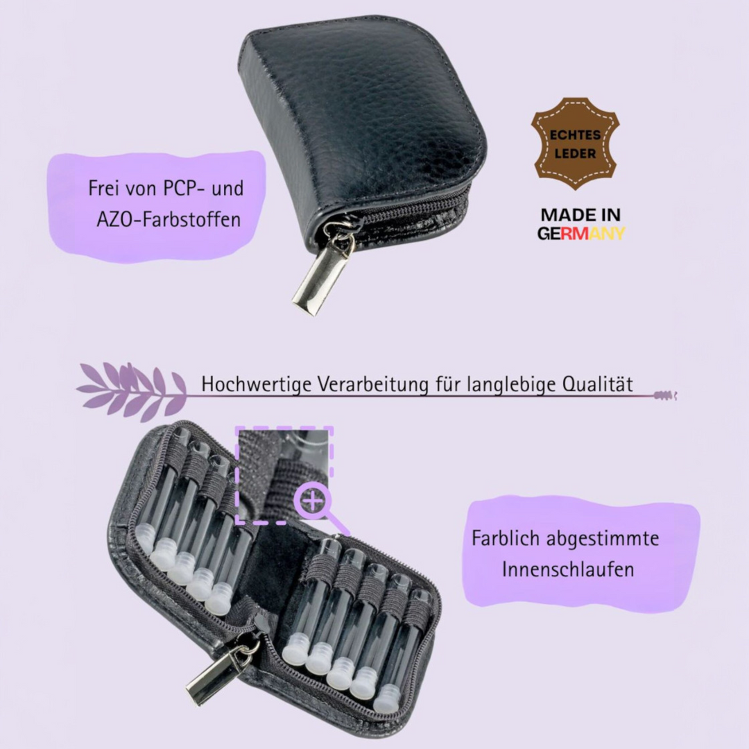 10er Taschenapotheke MIT Gläsern, Leder bordeaux, schwarz, natur, blau, grün