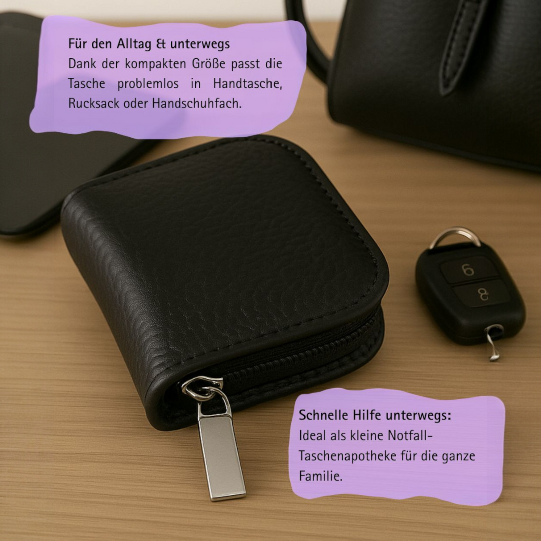 10er Taschenapotheke MIT Gläsern, Leder bordeaux, schwarz, natur, blau, grün