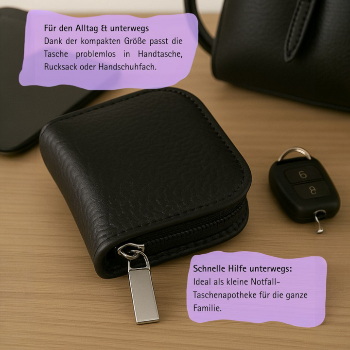 10er Taschenapotheke MIT Gläsern, Leder bordeaux, schwarz, natur, blau, grün