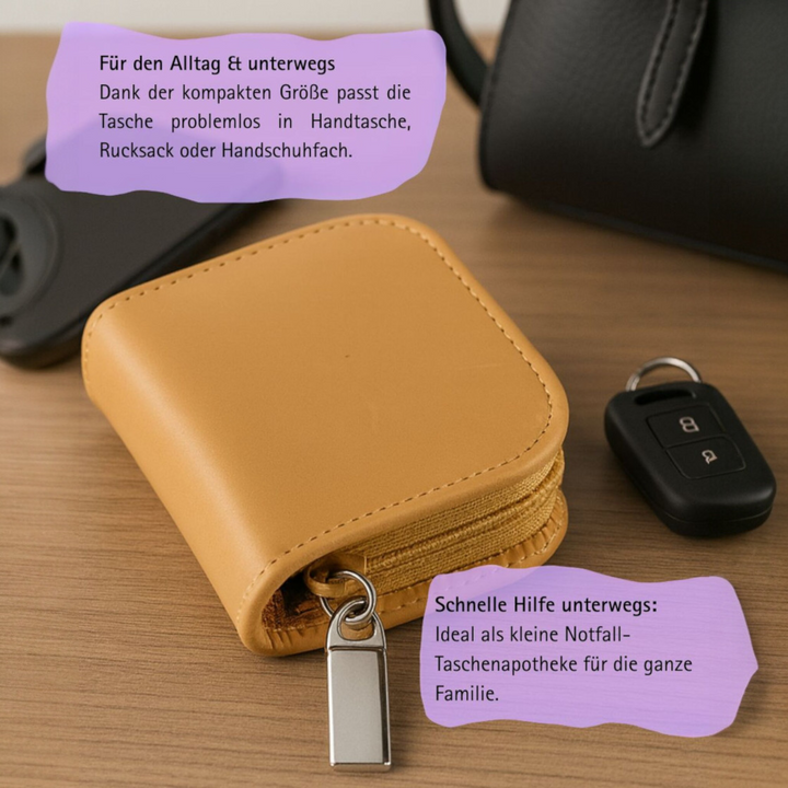 10er Taschenapotheke MIT Gläsern, Leder bordeaux, schwarz, natur, blau, grün