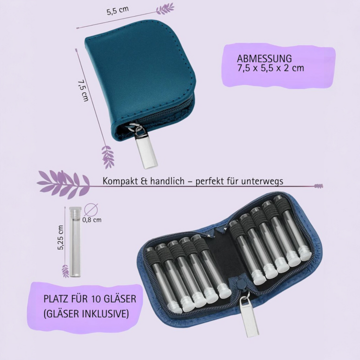 10er Taschenapotheke MIT Gläsern, Leder bordeaux, schwarz, natur, blau, grün