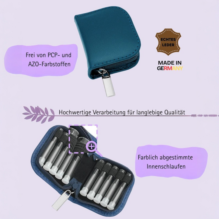 10er Taschenapotheke MIT Gläsern, Leder bordeaux, schwarz, natur, blau, grün