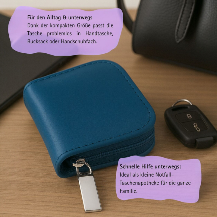 10er Taschenapotheke MIT Gläsern, Leder bordeaux, schwarz, natur, blau, grün