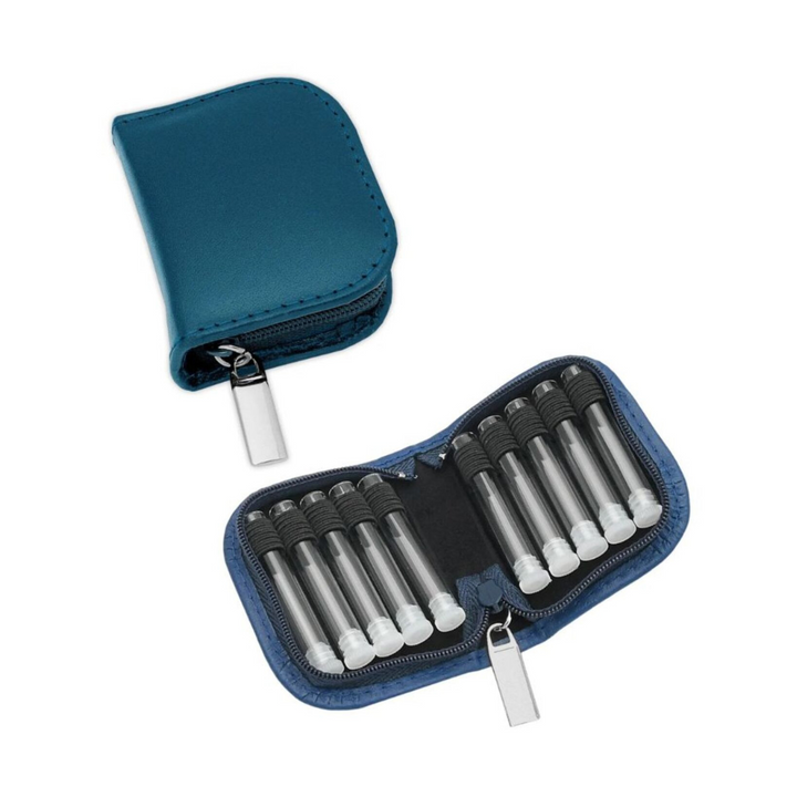 10er Taschenapotheke MIT Gläsern, Leder bordeaux, schwarz, natur, blau, grün