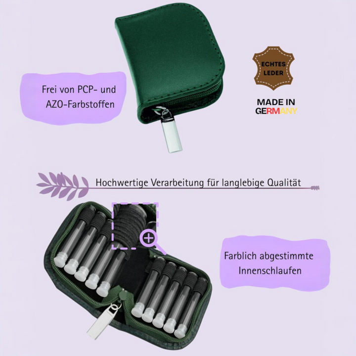 10er Taschenapotheke MIT Gläsern, Leder bordeaux, schwarz, natur, blau, grün