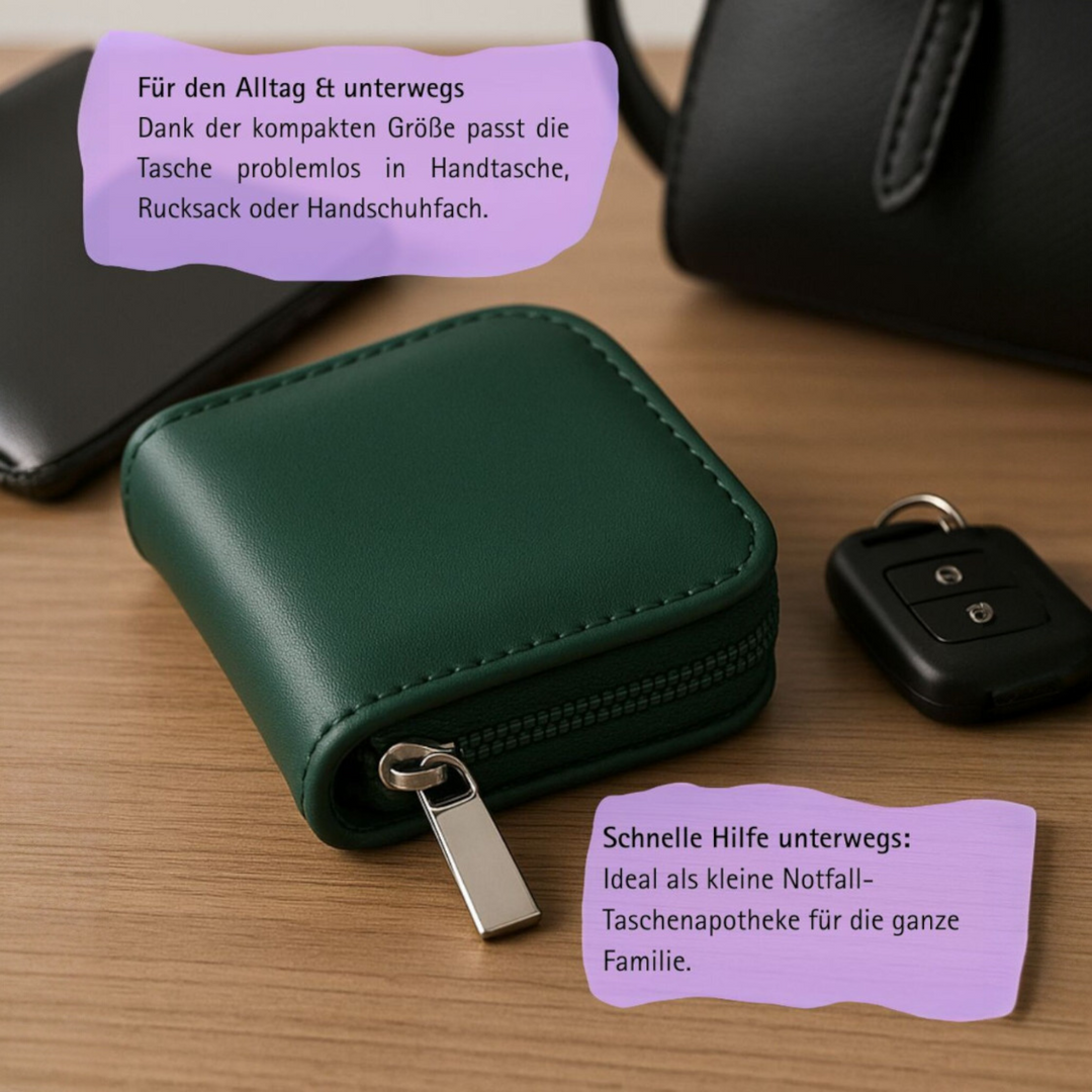 10er Taschenapotheke MIT Gläsern, Leder bordeaux, schwarz, natur, blau, grün