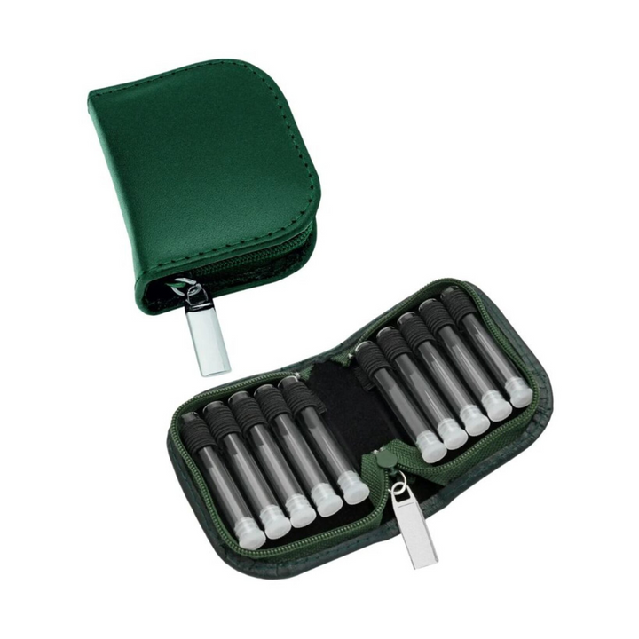10er Taschenapotheke MIT Gläsern, Leder bordeaux, schwarz, natur, blau, grün