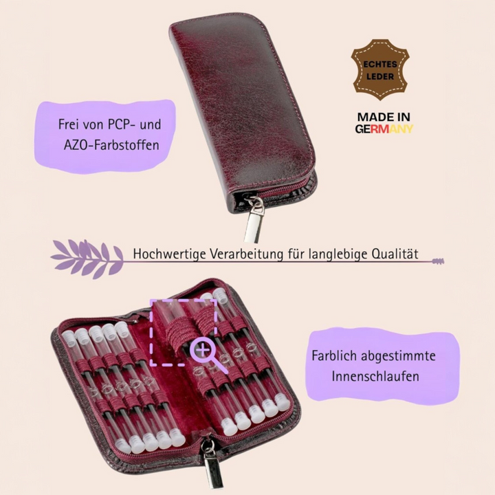 20er Taschenapotheke MIT Gläsern, Leder bordeaux, schwarz, natur, blau, grün