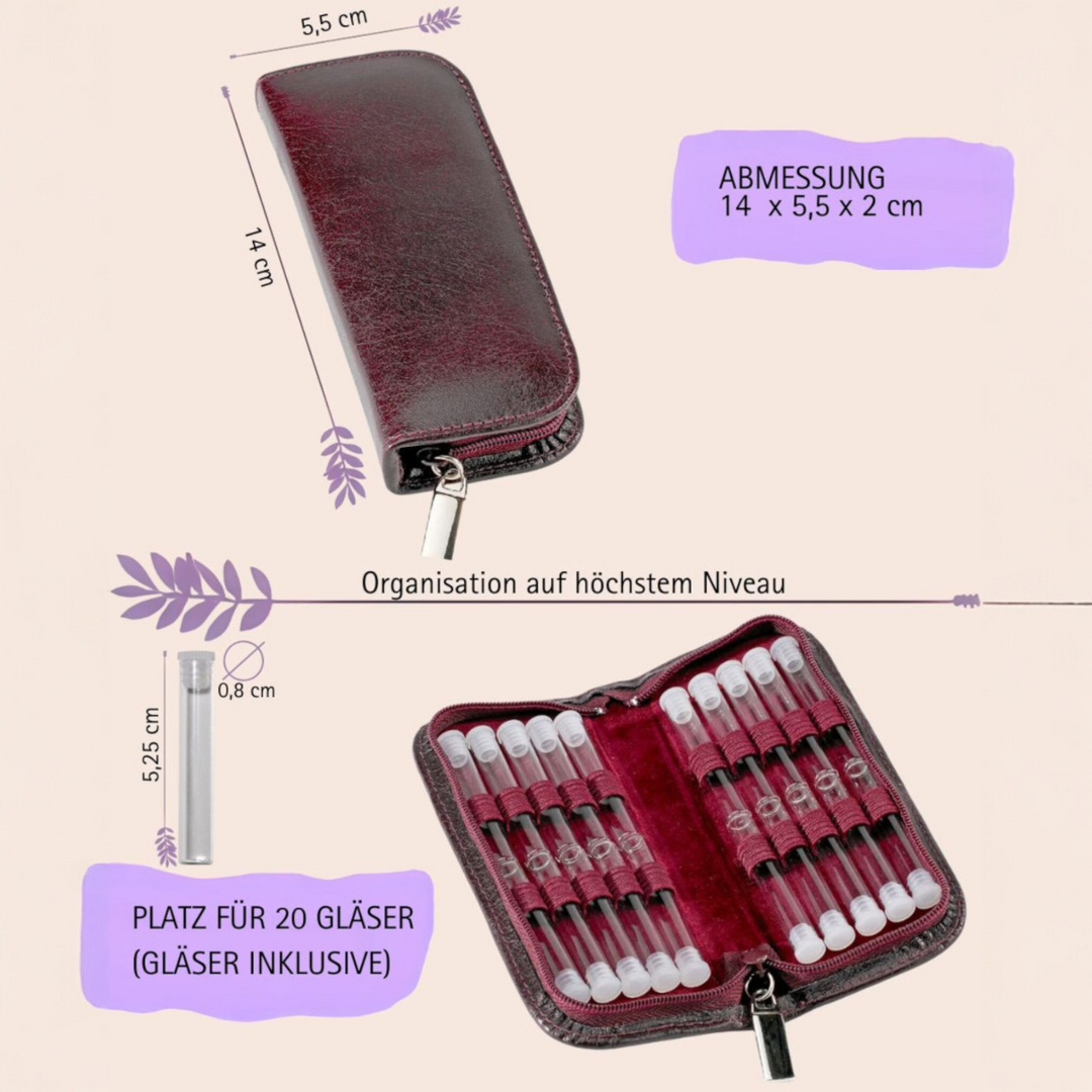 20er Taschenapotheke MIT Gläsern, Leder bordeaux, schwarz, natur, blau, grün