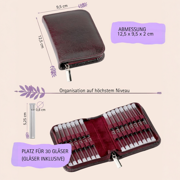 30er Taschenapotheke MIT Gläsern, Leder bordeaux, schwarz, natur, blau, grün