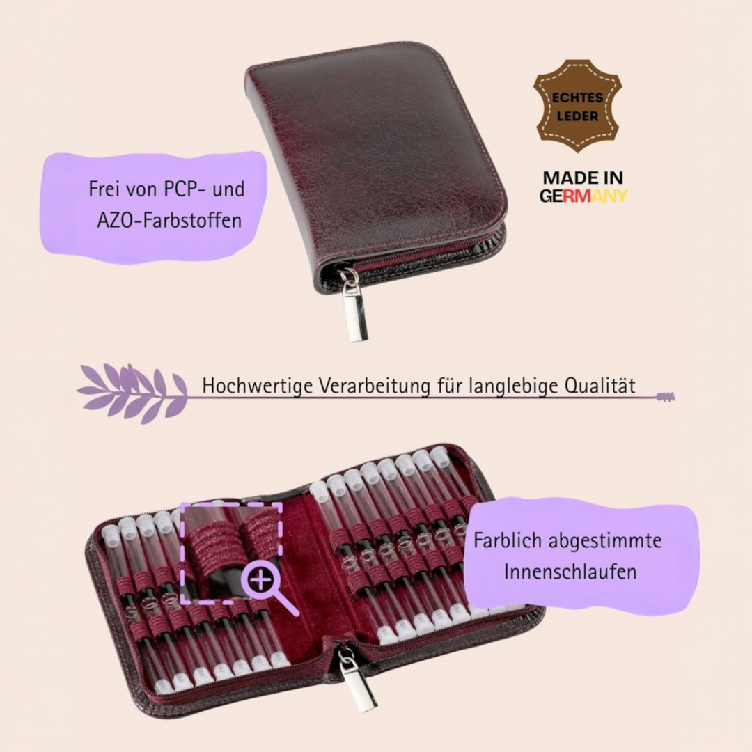 30er Taschenapotheke MIT Gläsern, Leder bordeaux, schwarz, natur, blau, grün