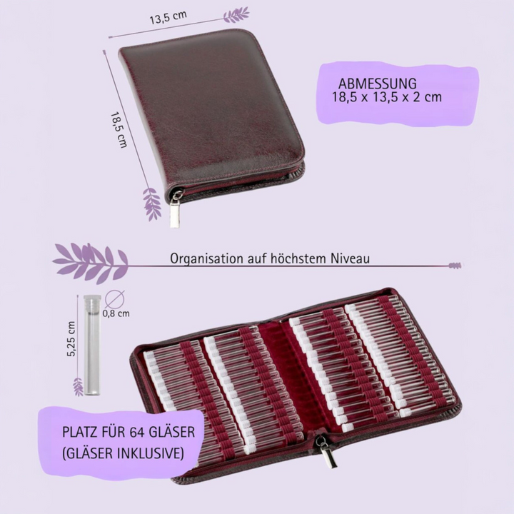 64er Taschenapotheke MIT Gläsern, Leder bordeaux, schwarz, natur, blau, grün