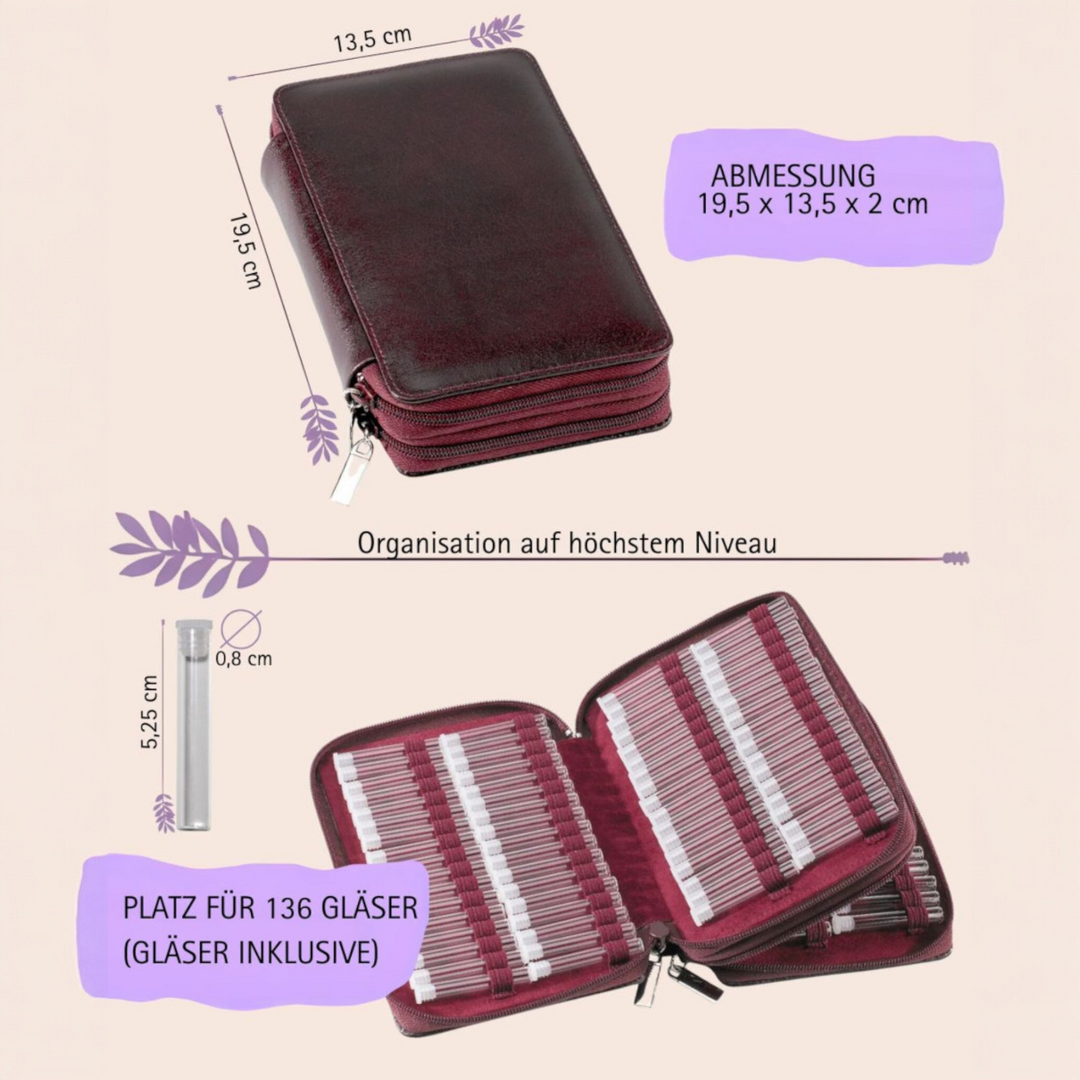 136er Taschenapotheke MIT Gläsern, Leder bordeaux, schwarz, natur, blau, grün