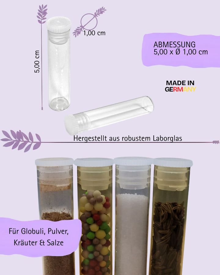 Flachbodengläser 50mm x ø 10mm AR-Klarglas und Illax-Braunglas