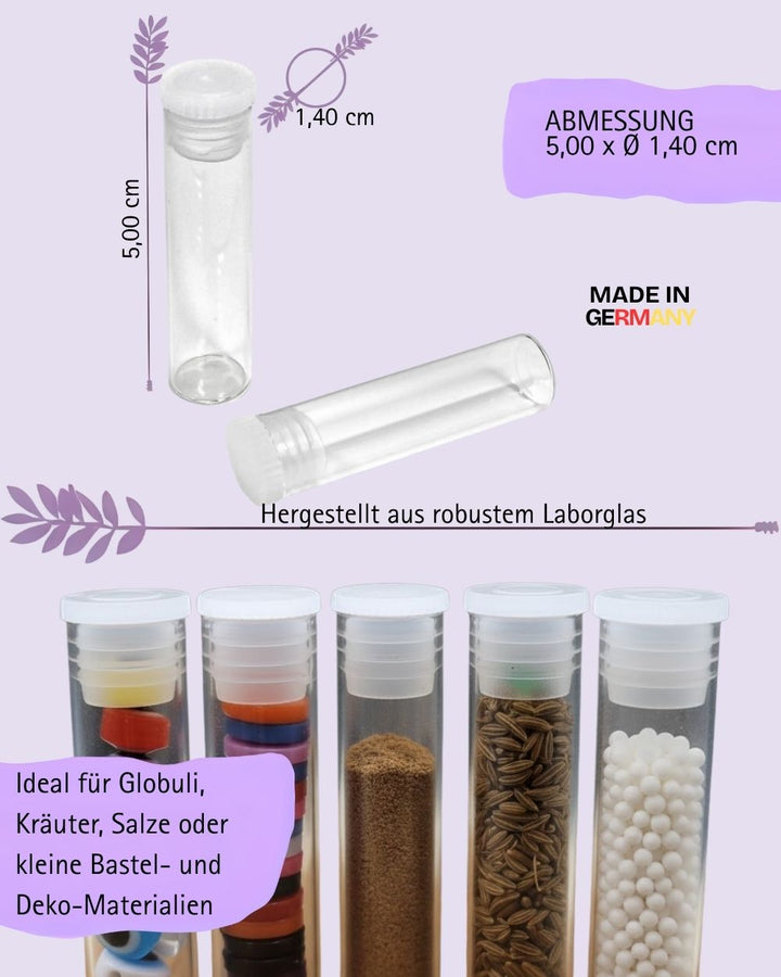 Flachbodengläser 50mm x ø 14mm AR-Klarglas und Illax-Braunglas