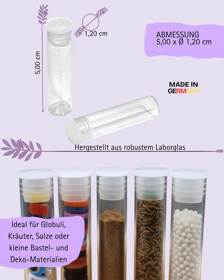 Flachbodengläser 50mm x ø 12mm AR-Klarglas und Illax-Braunglas