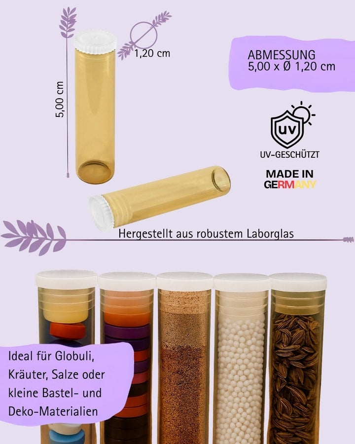 Flachbodengläser 50mm x ø 12mm AR-Klarglas und Illax-Braunglas