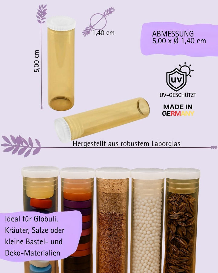 Flachbodengläser 50mm x ø 14mm AR-Klarglas und Illax-Braunglas