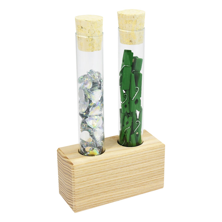 Reagenzglasständer aus Birkenholz mit 2 Reagenzgläsern & Korken 145 x 23,75 mm – Gewürzgläser für Kräuter, Blumen & Deko – Reagenzglashalter aus Esche für Küche und Tischdeko