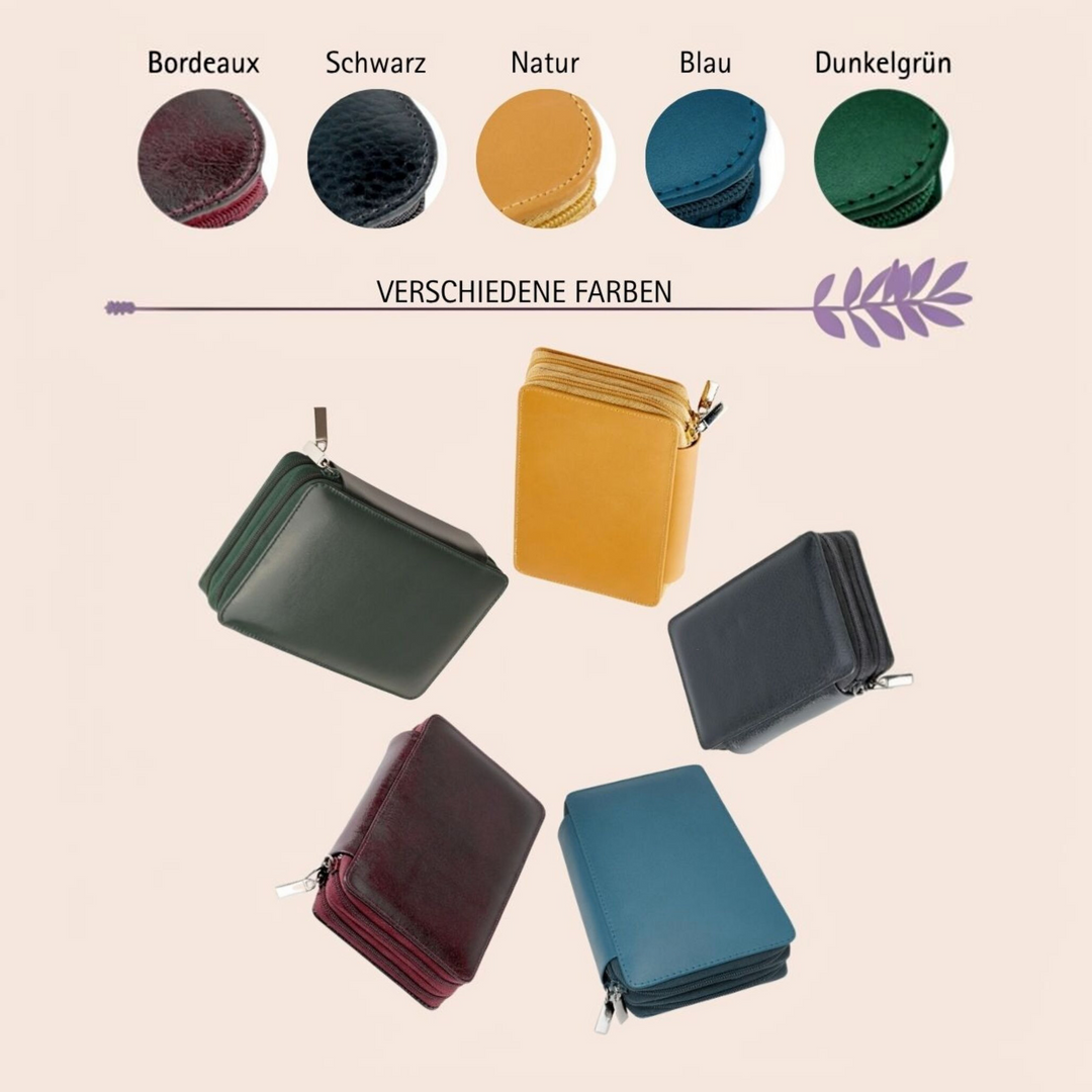 136er Taschenapotheke MIT Gläsern, Leder bordeaux, schwarz, natur, blau, grün