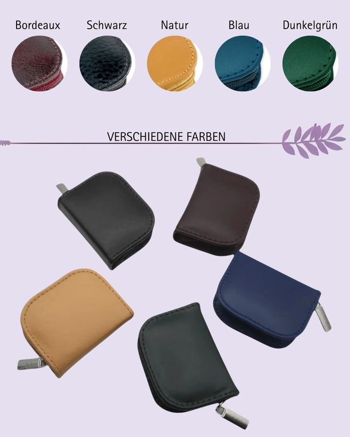 10er Taschenapotheke MIT Gläsern, Leder bordeaux, schwarz, natur, blau, grün