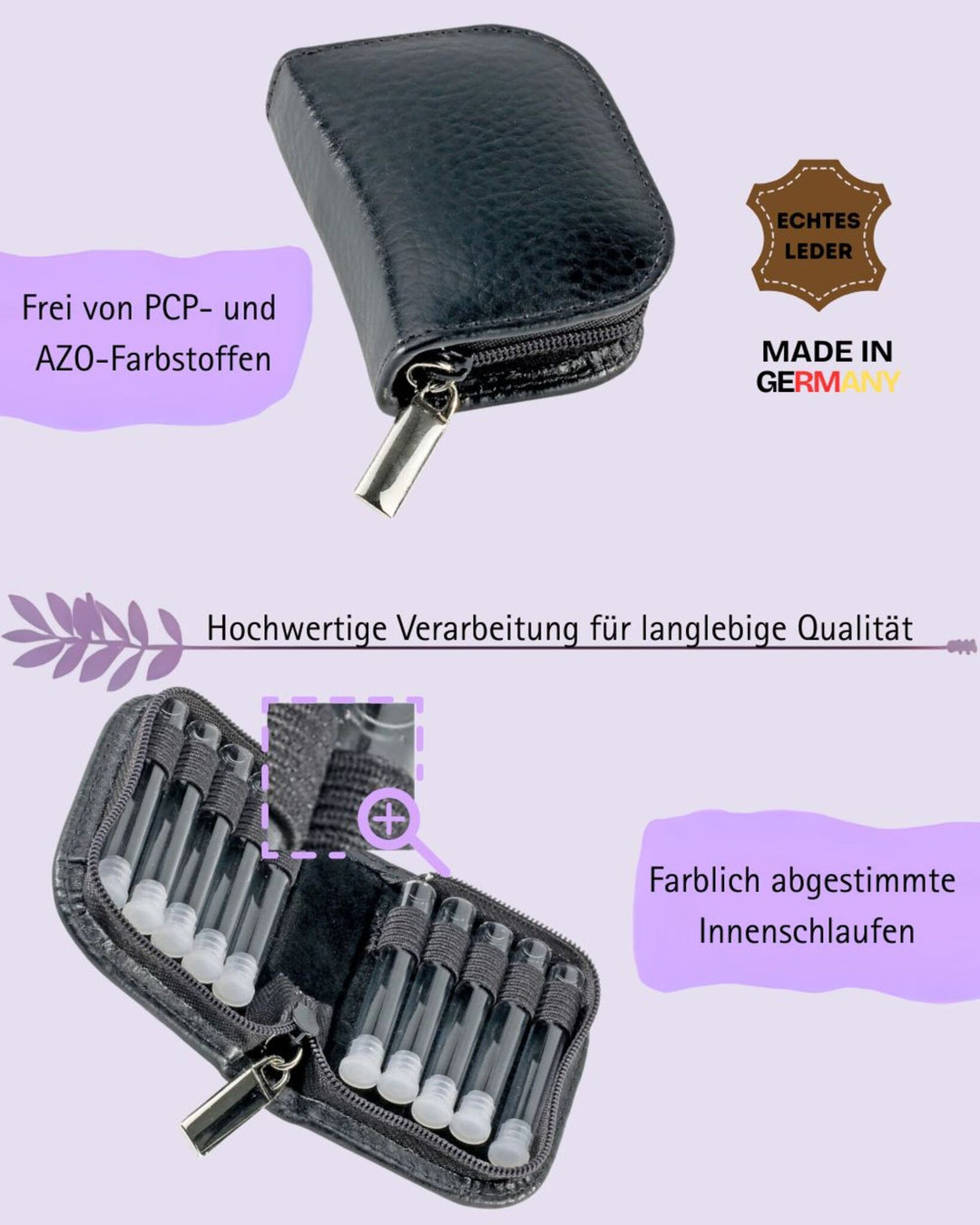 10er Taschenapotheke MIT Gläsern, Leder bordeaux, schwarz, natur, blau, grün