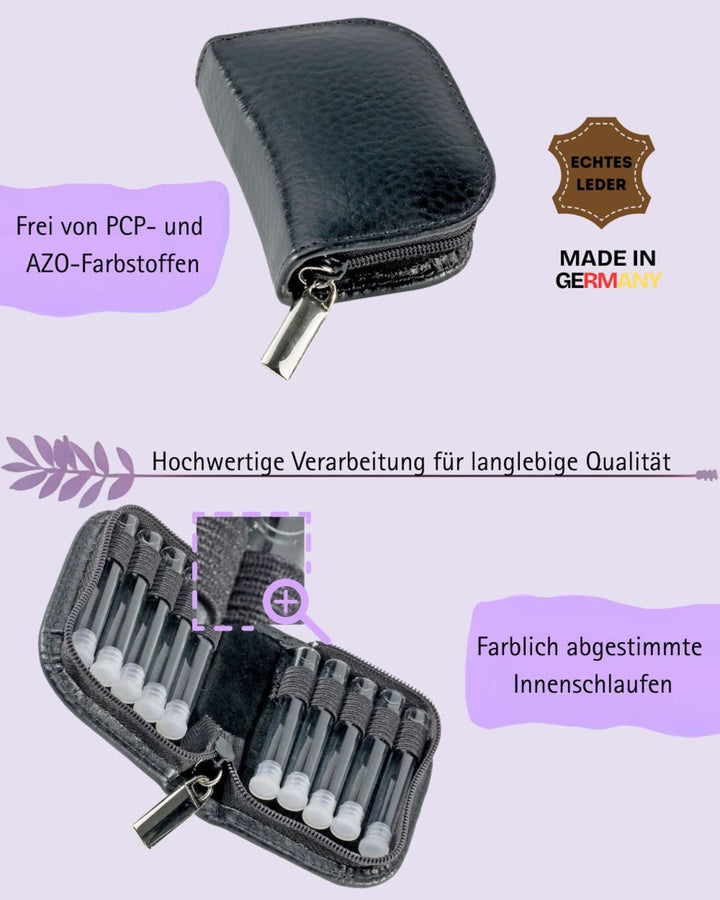 10er Taschenapotheke MIT Gläsern, Leder bordeaux, schwarz, natur, blau, grün