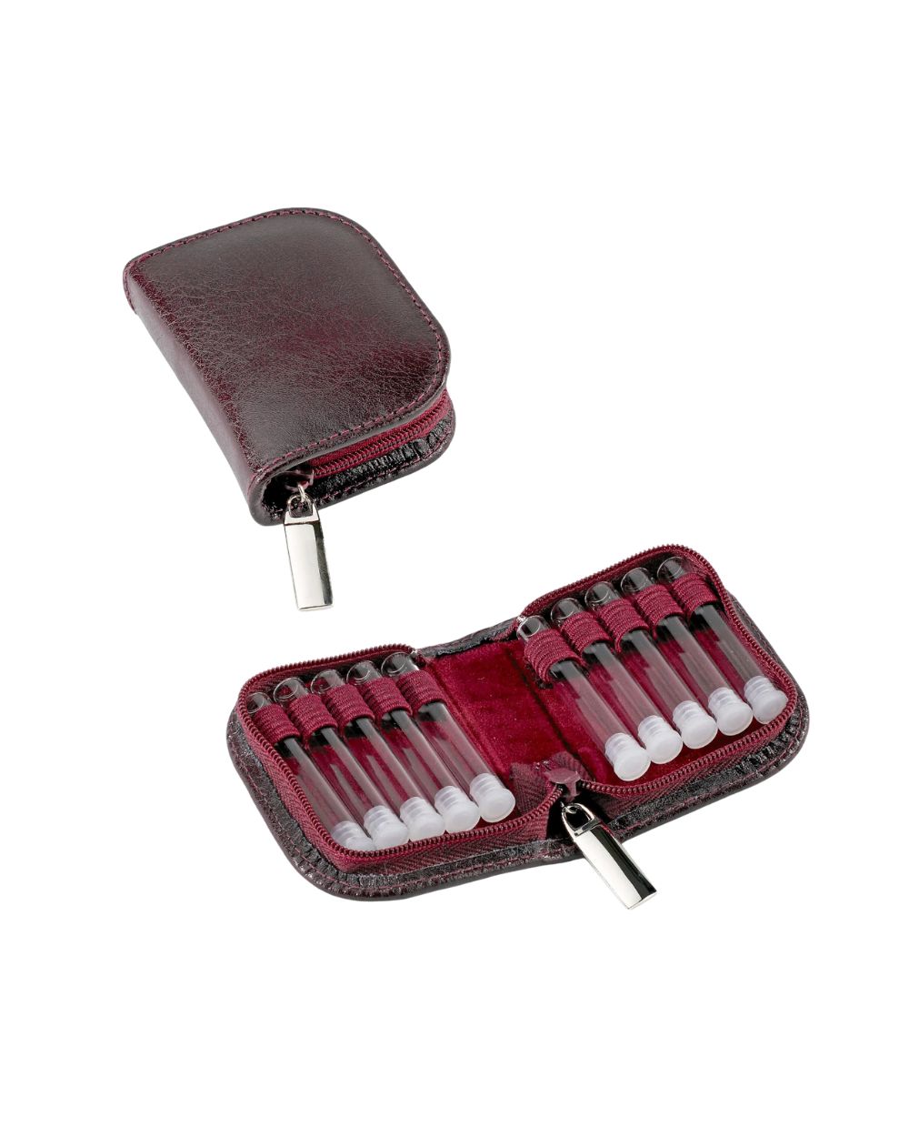 10er Taschenapotheke MIT Gläsern, Leder bordeaux, schwarz, natur, blau, grün